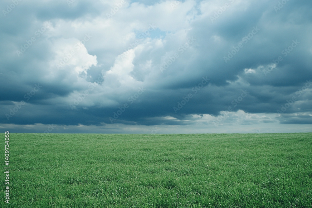 Obraz premium Serene green field under a dramatic stormy sky peaceful nature scene