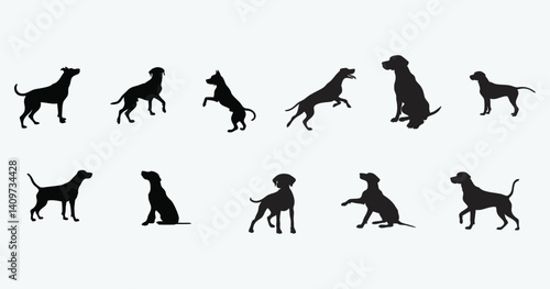 Black vector silhouettes of dog, and other wild animals illustrate a nature collection icon set.