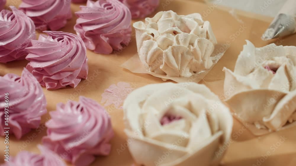 Close up of beautifully arranged pink swirl cupcakes and flower-shaped white frosting cakes resting on parchment paper beside piping cone, showcasing homemade dessert artistry Close up of beautifully arranged pink swirl cupcakes and flower-shaped white frosting cakes resting on parchment paper beside piping cone, showcasing homemade dessert artistry