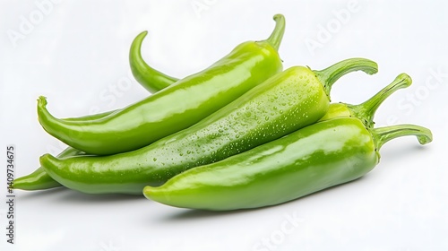 Fresh green Anaheim chili peppers arranged in a small pile on a clean white background, copy space