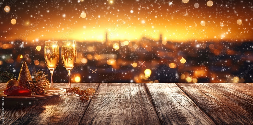 Festive Winter Evening with Holiday Decorations and Sparkling Champagne Festive Winter Evening with Holiday Decorations and Sparkling Champagne