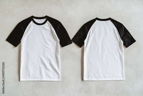 A white and black short-sleeve raglan t-shirt is displayed from the front and back, and a flat lay concept is used as a mockup design template	