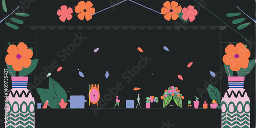 A bustling market stall showcasing vibrant floral bouquets, geometric vase designs, and scattered petals, beautifully framed by a floral arch.