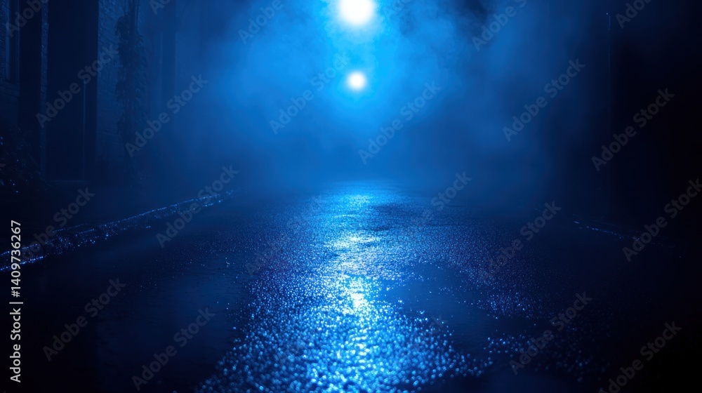 Fototapeta premium enigmatic alleyway bathed in ethereal blue light with a wet glistening surface under a shroud of misty atmosphere perfect for cinematic suspense