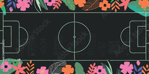 An exhilarating sports floral field with vibrant goalpost flowers, geometric ball petals, and a stadium arch border.
