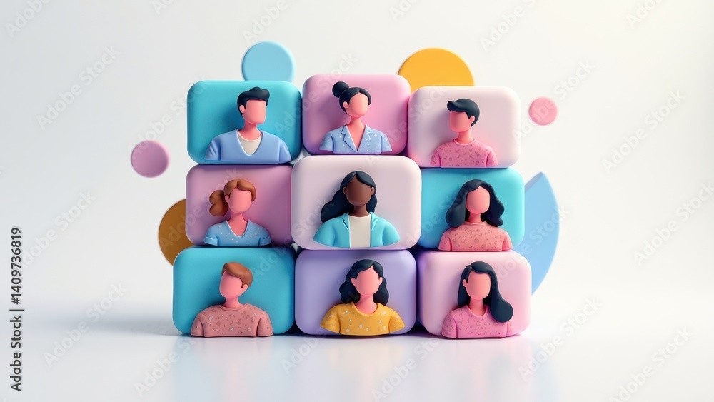 A 3D icon of a video call grid with tiny faces, modern remote work communication style .