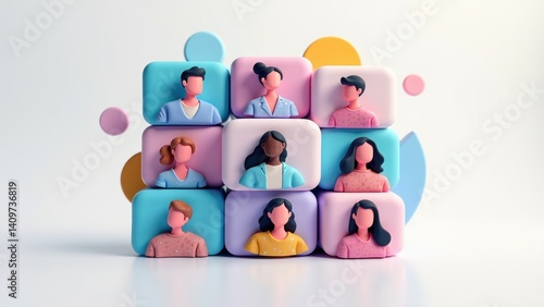 A 3D icon of a video call grid with tiny faces, modern remote work communication style .