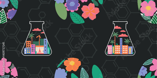 A fascinating science floral lab with beaker-shaped blooms, geometric molecule leaves, and a molecular border.