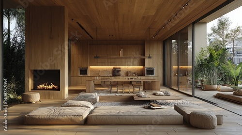 Modern interior with wooden walls ceiling and floor large windows and minimalist furniture.