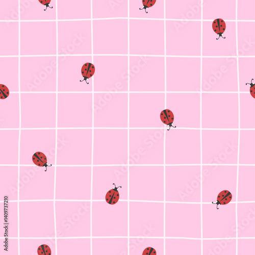 Cute vector seamless pattern with lady bugs on a pastel pink checkered background. Girly background with ladybug beetles in trendy color palette in minimalist style