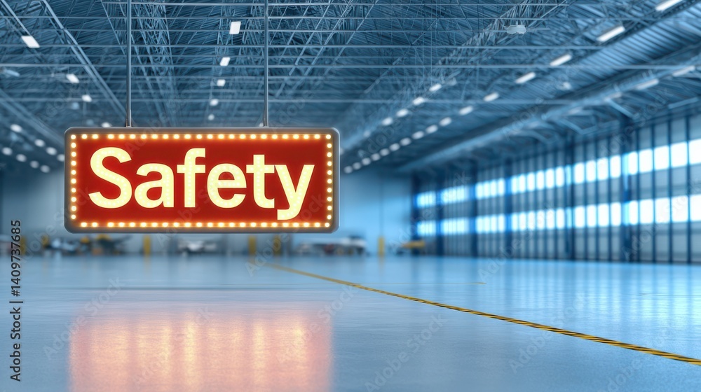 Industrial safety signage warehouse environment visual content hyperrealistic rendering modern industry concept Industrial safety signage warehouse environment visual content hyperrealistic rendering modern industry concept