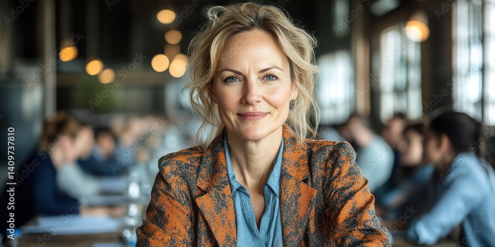 A woman is sitting at a table in a restaurant with a group of people