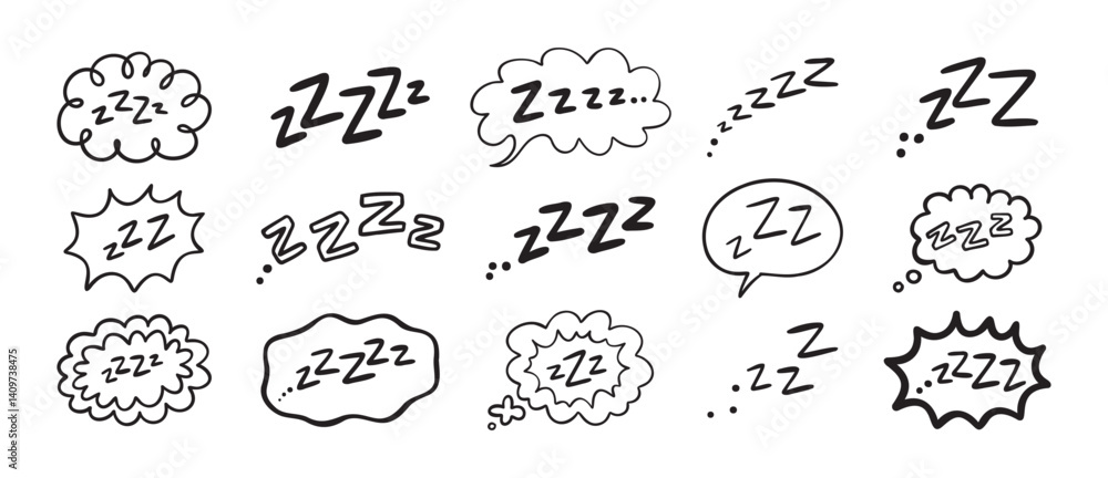 Zzz Zzzz bed sleep snore sound bubble set, snooze nap Z sound icon cloud set. Sleepy Zzz doodle hand drawn line icons