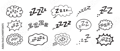 Zzz Zzzz bed sleep snore sound bubble set, snooze nap Z sound icon cloud set. Sleepy Zzz doodle hand drawn line icons