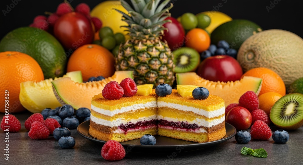 Fruit dessert with strawberry, orange, raspberry, and cream, macro shot, high-quality photo for menu use. Fruit dessert with strawberry, orange, raspberry, and cream, macro shot, high-quality photo for menu use.