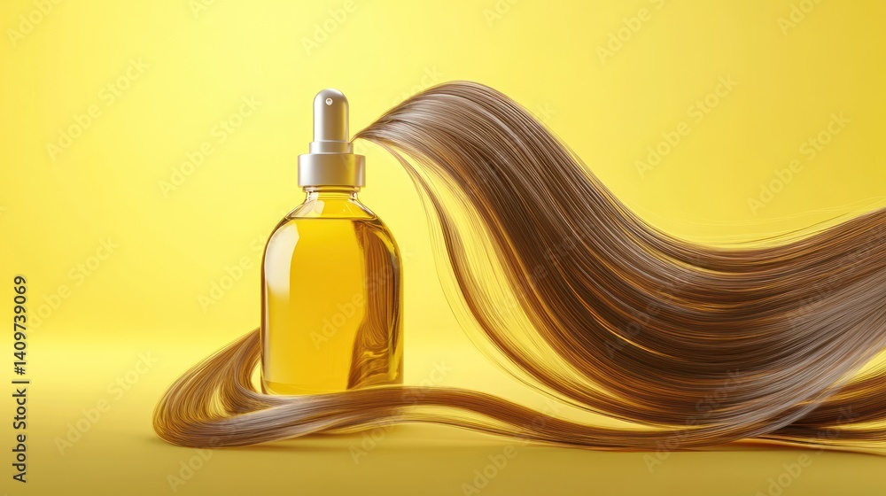 Naklejka premium luxurious hair care essence featuring a sleek bottle of golden oil juxtaposed with flowing tresses against a vibrant yellow backdrop symbolizing nourishment and radiance for hair health and beauty