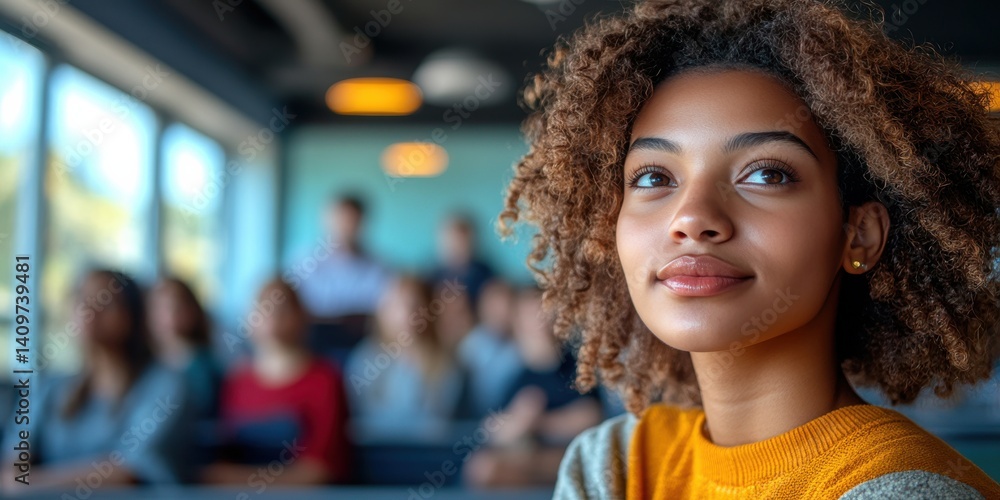 A woman with curly hair is sitting at a table in a restaurant