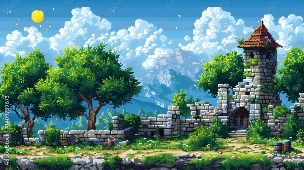 Obraz premium Pixel Art of Old Stone Tower Ruins Amid Green Trees Under Blue Sky with Fluffy Clouds and a Pale Moon