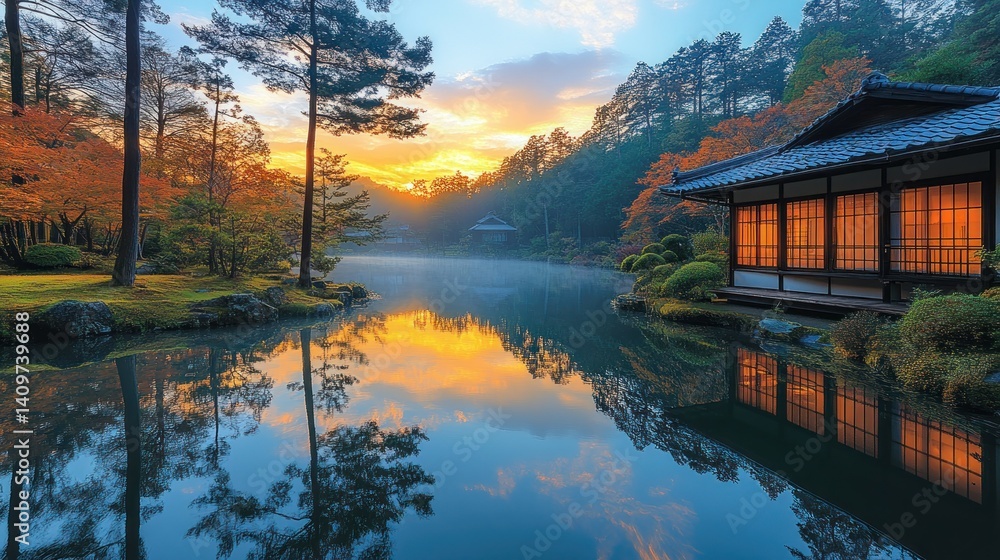 Fototapeta premium Autumnal Japanese Garden Sunrise Reflection