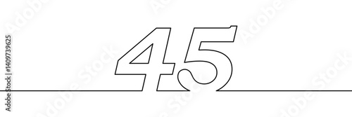 A single line drawing of a  fourty five symbol. One line icon. Continuous line forty fifth number icon. Simple black outline of the number 45. Vector illustration