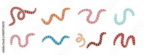 cartoon cute worm or earthworm set icons. Colorful worms with stripes collection 