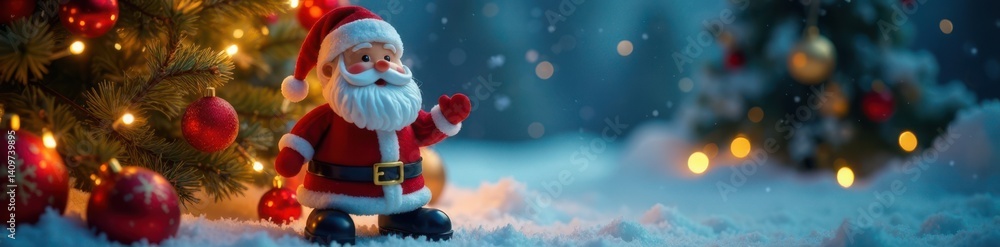 Whimsical Christmas scene with a jolly Santa figure surrounded by twinkling lights and ornaments, sparkling lights, happy santa Whimsical Christmas scene with a jolly Santa figure surrounded by twinkling lights and ornaments, sparkling lights, happy santa