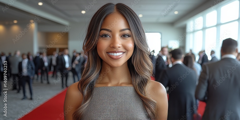 A woman with dreadlocks is smiling at the camera in a red dress