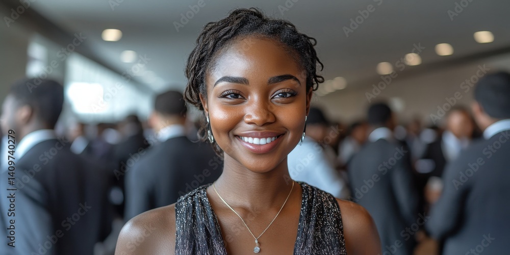 A woman with dreadlocks is smiling at the camera in a red dress