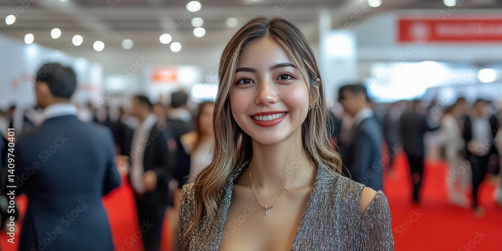 A woman is smiling in front of a crowd of people