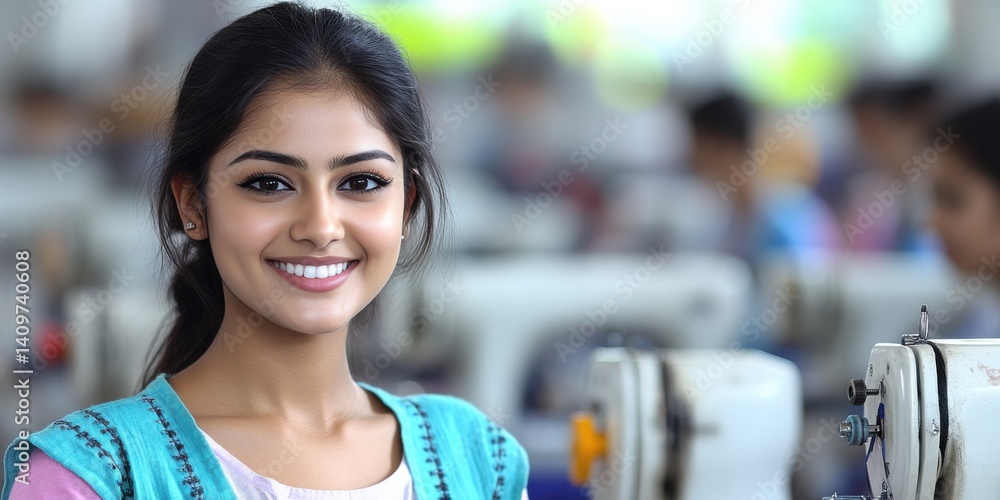 A woman is smiling in front of a sewing machine