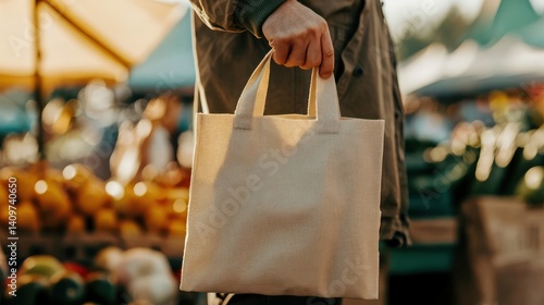 Person holding tote bag at farmers market sunset