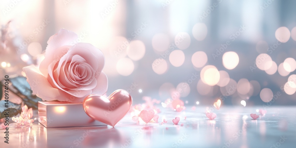 Fresh Pink Rose and Heart Symbol on Soft Bokeh Background Fresh Pink Rose and Heart Symbol on Soft Bokeh Background