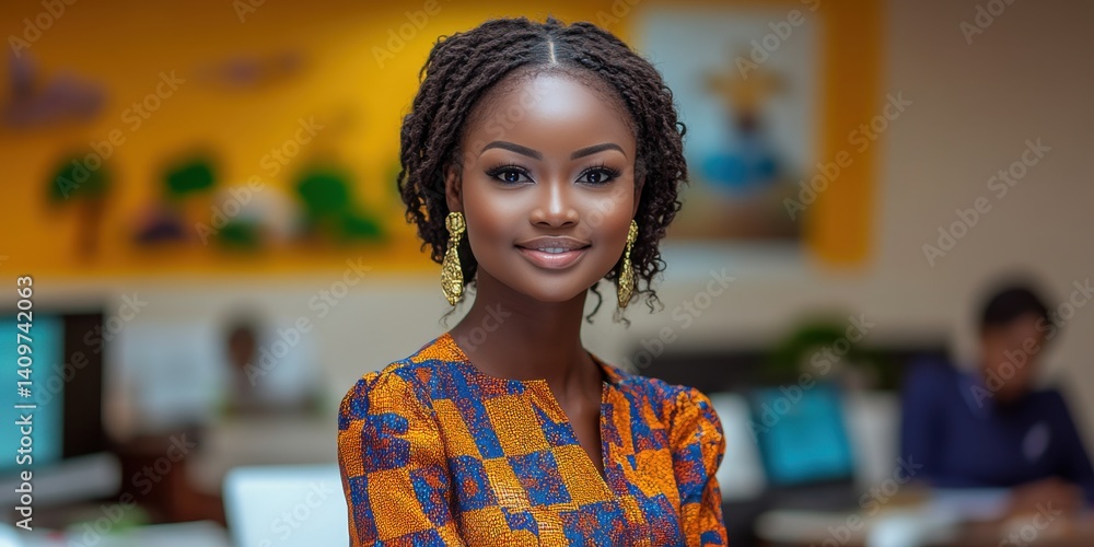 A woman with a big smile on her face is wearing a colorful dress