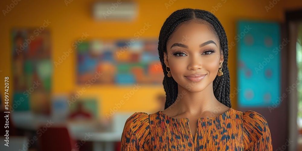 A woman with a big smile on her face is wearing a colorful dress