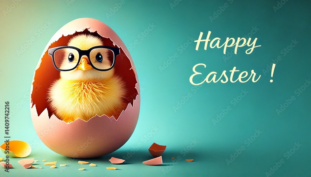 Easter card with a funny chick in an eggshell and the words Happy Easter