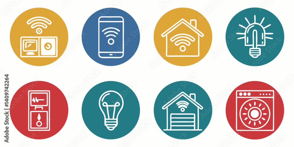 Fototapeta premium Smart Home Automation IoT Technology Wifi Icons Set House Computer Smartphone Lightbulb Washing Machine Smart Meter Garage Vector Flat Design