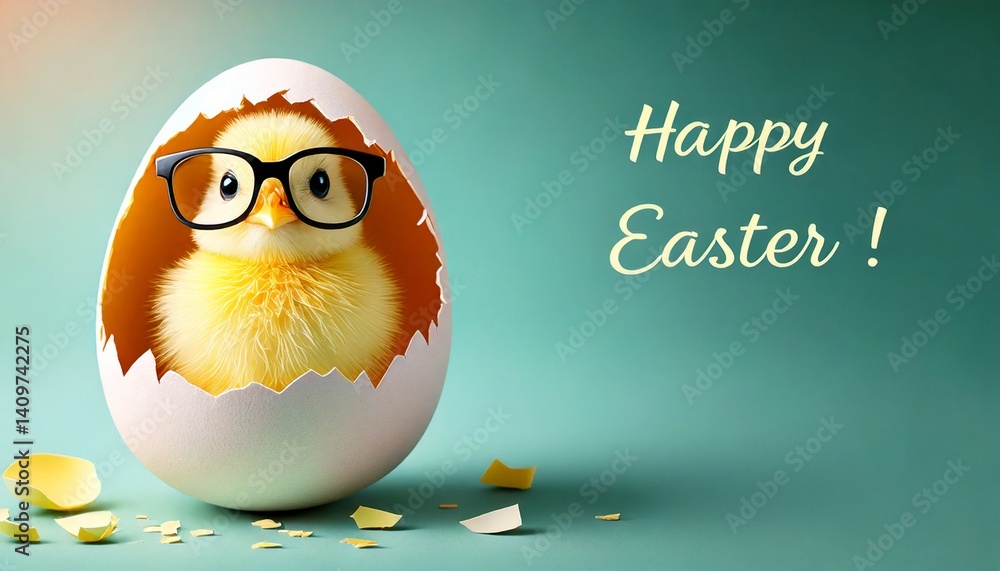 Kartka wielkanocna ze śmiesznym kurczaczkiem w skorupce i napisem Happy Easter