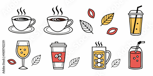 Cartoon Drinks Vector Illustration: Coffee Tea Juice Soda Wine
