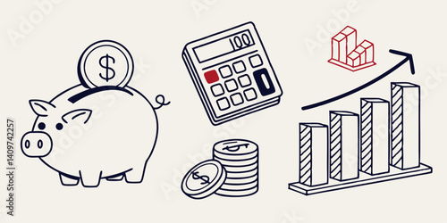 Finance and Money Illustration with Piggy Bank Calculator Coins and Chart
