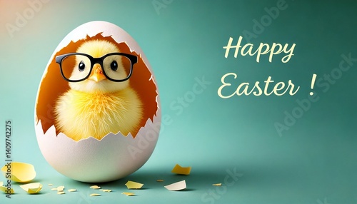 Obraz na płótnie Kartka wielkanocna ze śmiesznym kurczaczkiem w skorupce i napisem Happy Easter w salonie