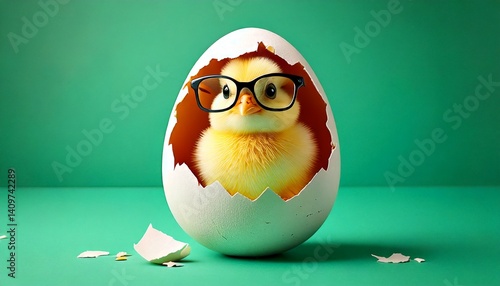 Chick with glasses sitting in an eggshell. Easter background with space for text