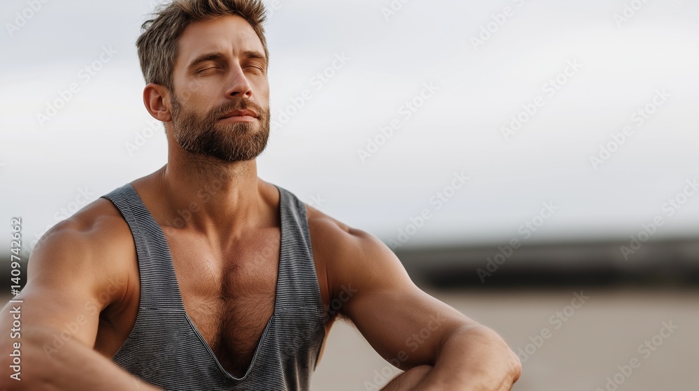 Fototapeta premium man sits on beach relaxed and calm with his eyes closed meditating in soft light of sunset