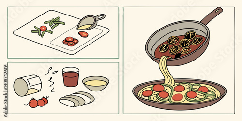 Cartoon Pasta Recipe: Cooking Tomato Sauce, Vegetables Pasta
