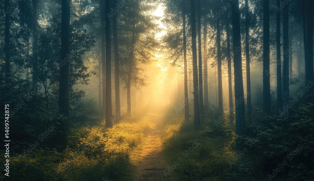 Naklejka premium Sunlit path through a misty, dark forest