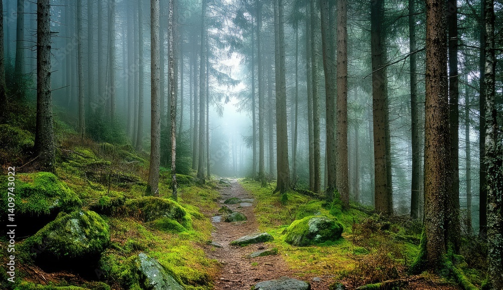 Obraz premium Misty forest path, moss-covered rocks, and tall trees