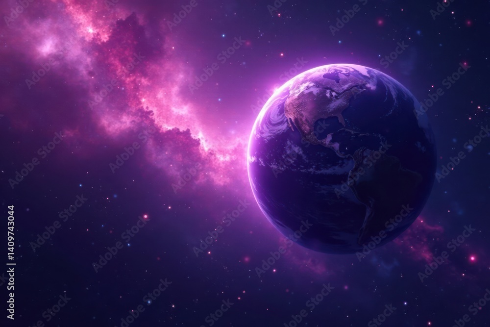 Obraz premium Ethereal purple planet against a swirling galaxy background, nebula, ethereal