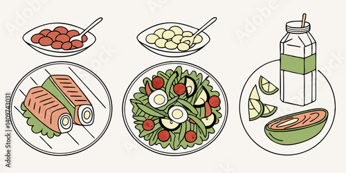 Healthy Food Plate with Wraps Salad Beans Milk Guava Lime Illustration