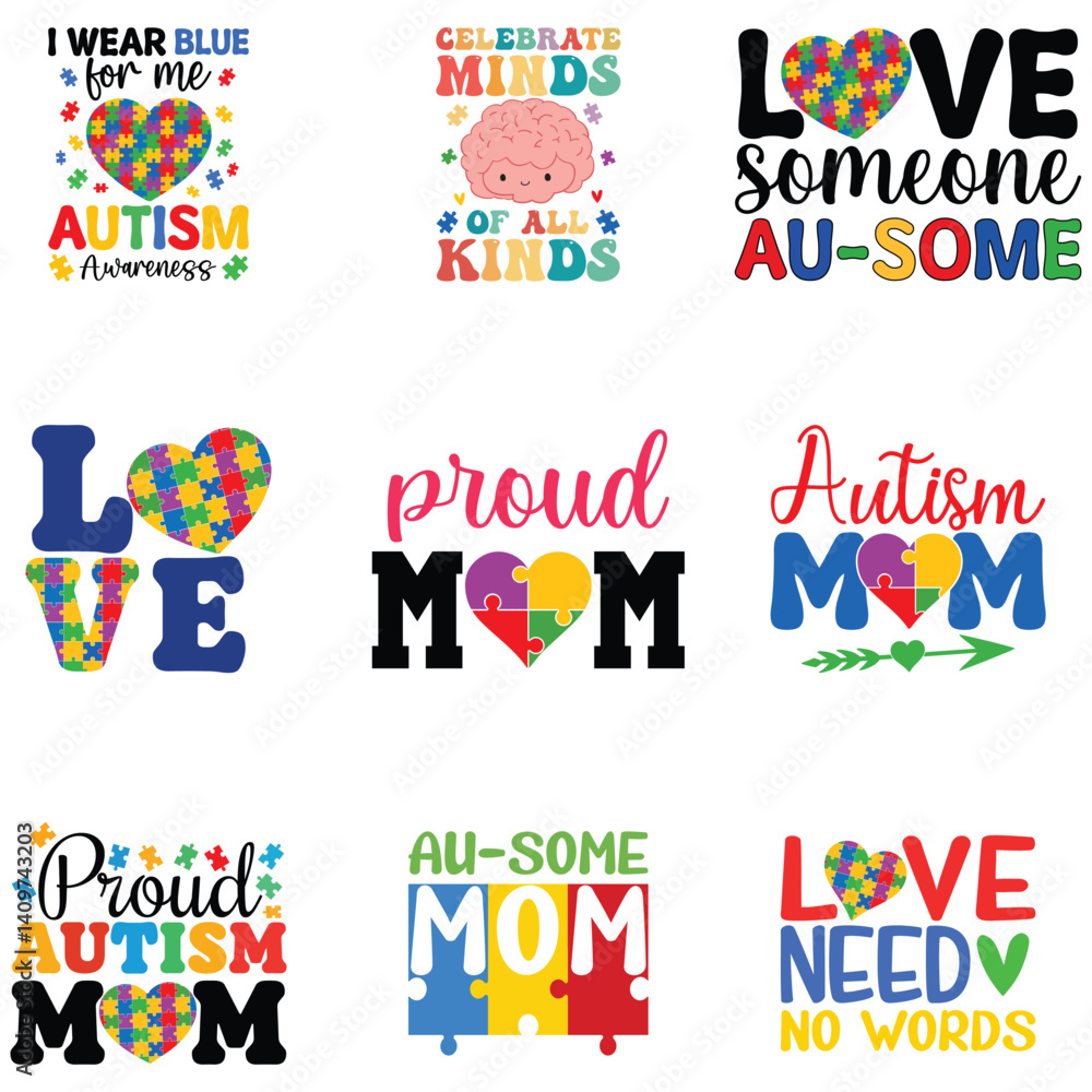 Fototapeta premium Collection of Autism Awareness Typography T-shirt Vector, autism shirts for women, Autism Awareness Day illustration