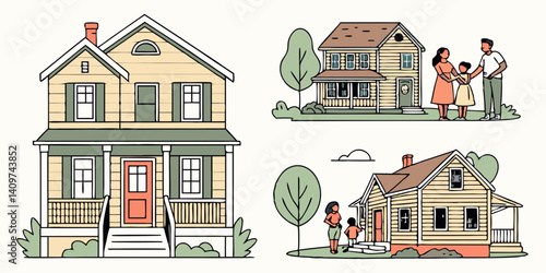 Illustrated Suburban Houses with Families and Green Trees Scene