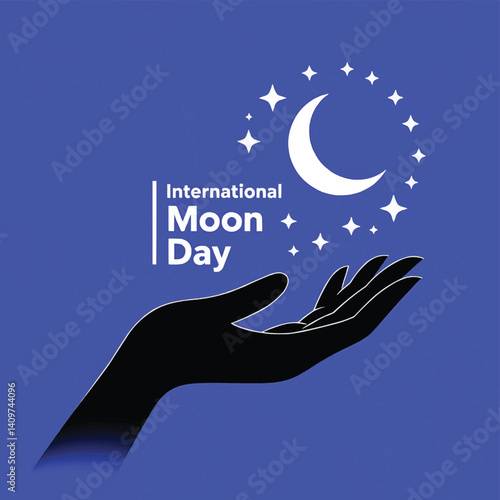 International Moon Day Vector with Hand and Crescent, Space Celebration Graphic